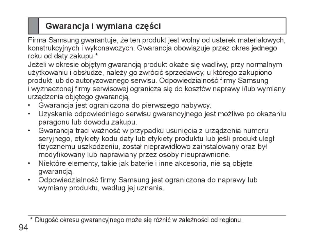 Samsung BHS3000EBECSEB, BHS3000EBECXEF, BHS3000EMECXET, BHS3000EBECXET, BHS3000EPECXET manual Gwarancja i wymiana części 