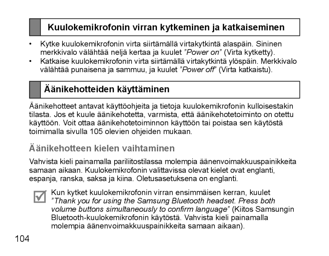 Samsung BHS3000EBLCFOP manual Kuulokemikrofonin virran kytkeminen ja katkaiseminen, Äänikehotteiden käyttäminen, 104 