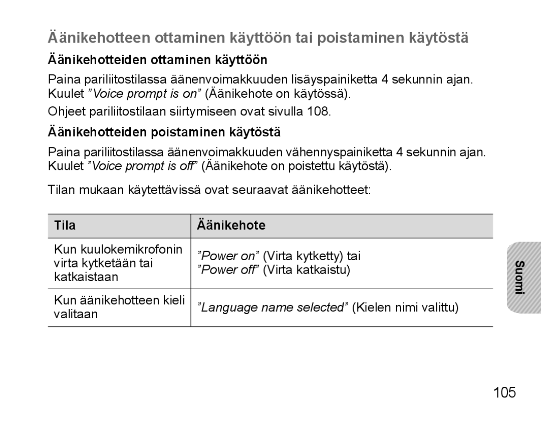 Samsung BHS3000EBECFOP Äänikehotteen ottaminen käyttöön tai poistaminen käytöstä, 105, Äänikehotteiden ottaminen käyttöön 