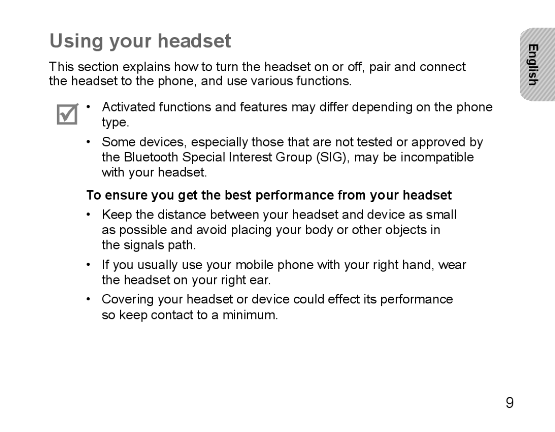 Samsung BHS3000EBECSEB, BHS3000EBECXEF manual Using your headset, To ensure you get the best performance from your headset 