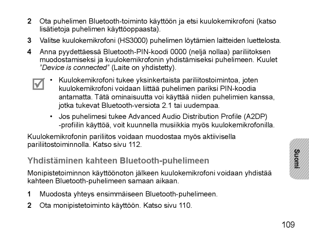 Samsung BHS3000EBECXEH, BHS3000EBECXEF, BHS3000EMECXET, BHS3000EBECXET manual Yhdistäminen kahteen Bluetooth-puhelimeen, 109 