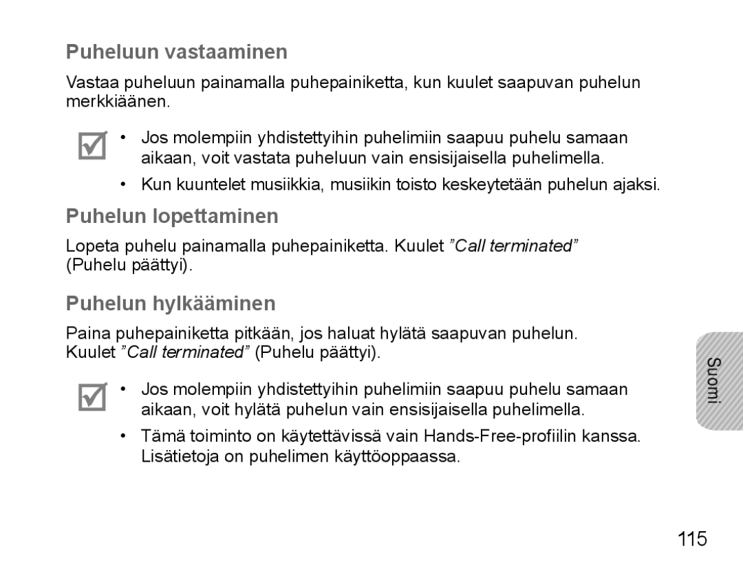 Samsung BHS3000EBECILO, BHS3000EBECXEF, BHS3000EMECXET Puheluun vastaaminen, Puhelun lopettaminen, Puhelun hylkääminen, 115 