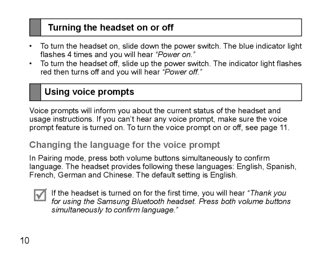 Samsung BHS3000EPECEUR Turning the headset on or off, Using voice prompts, Changing the language for the voice prompt 