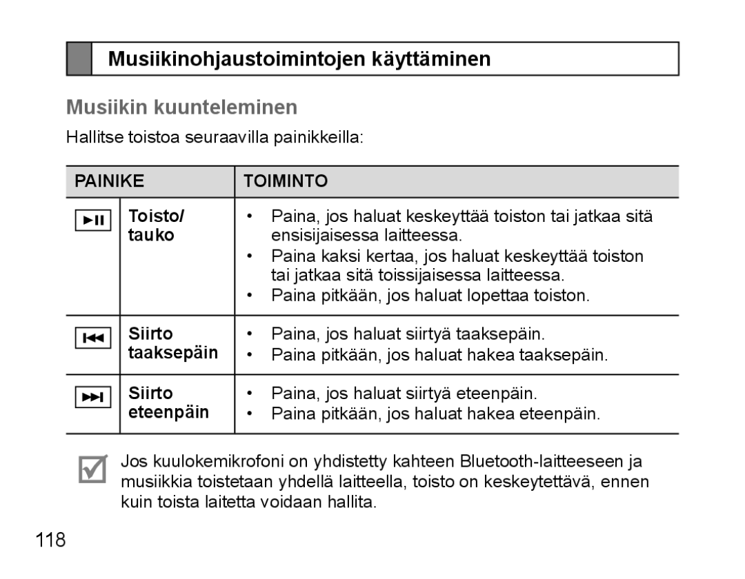 Samsung BHS3000EMECXET, BHS3000EBECXEF, BHS3000EBECXET Musiikinohjaustoimintojen käyttäminen, Musiikin kuunteleminen, 118 