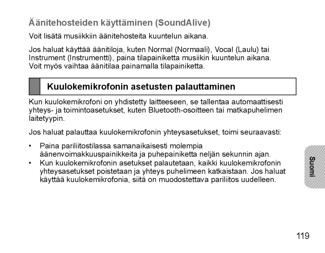 Samsung BHS3000EBECXET manual Äänitehosteiden käyttäminen SoundAlive, Kuulokemikrofonin asetusten palauttaminen, 119 