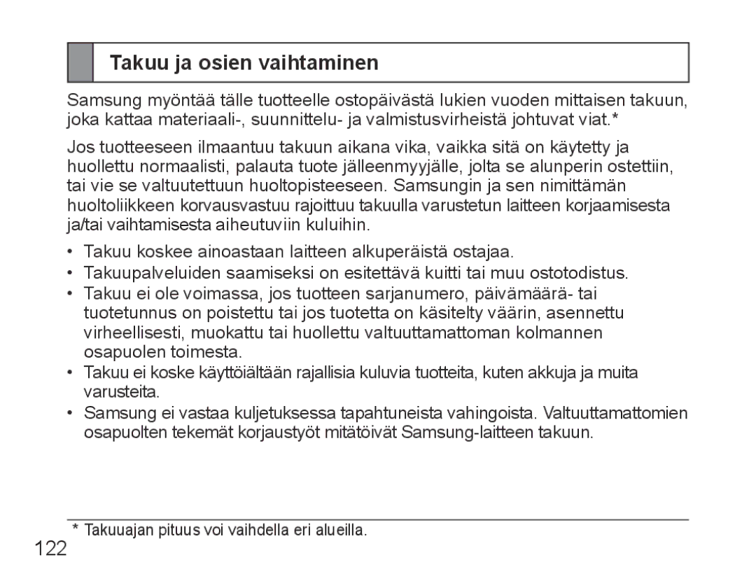 Samsung BHS3000EBECFOP, BHS3000EBECXEF, BHS3000EMECXET, BHS3000EBECXET, BHS3000EPECXET manual Takuu ja osien vaihtaminen 