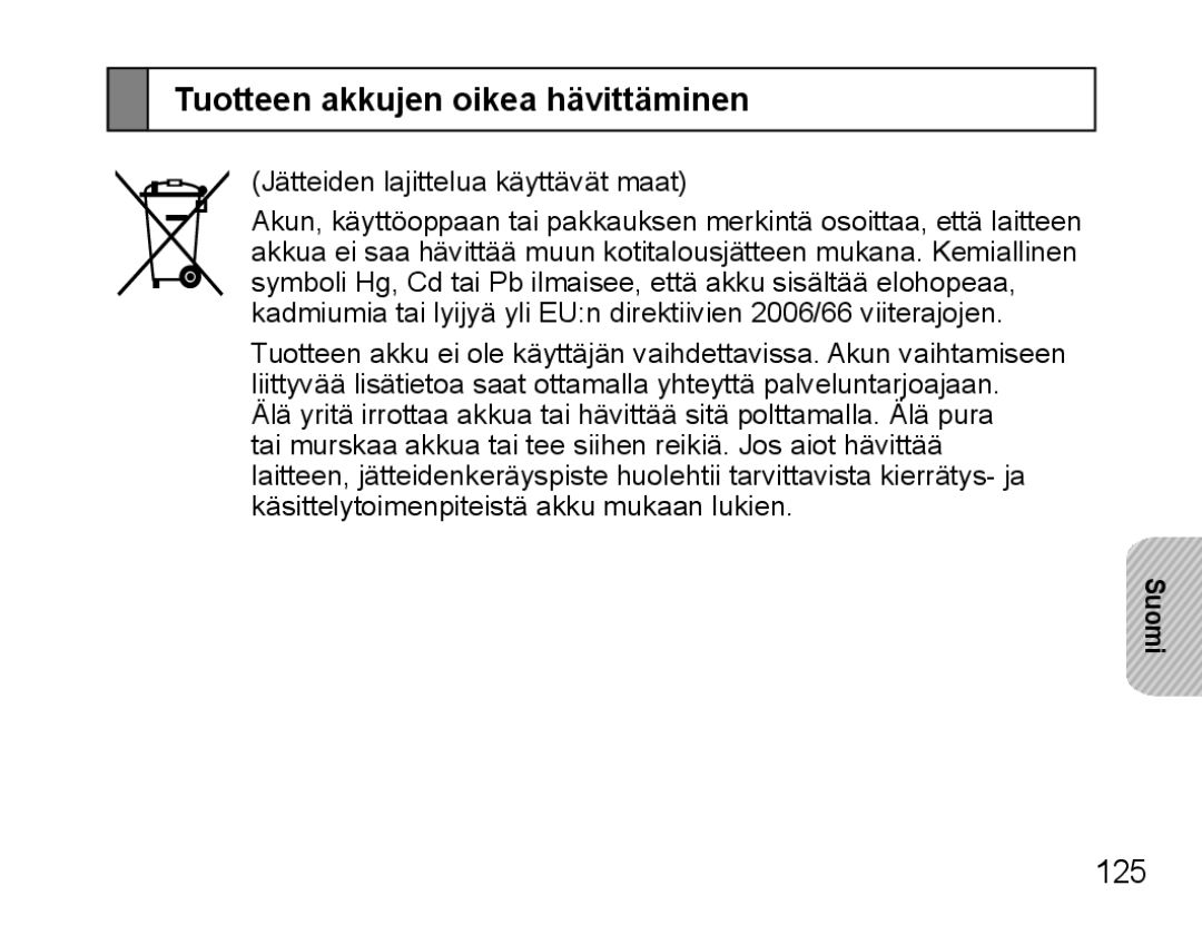 Samsung BHS3000EMECXEH, BHS3000EBECXEF, BHS3000EMECXET, BHS3000EBECXET manual Tuotteen akkujen oikea hävittäminen, 125 