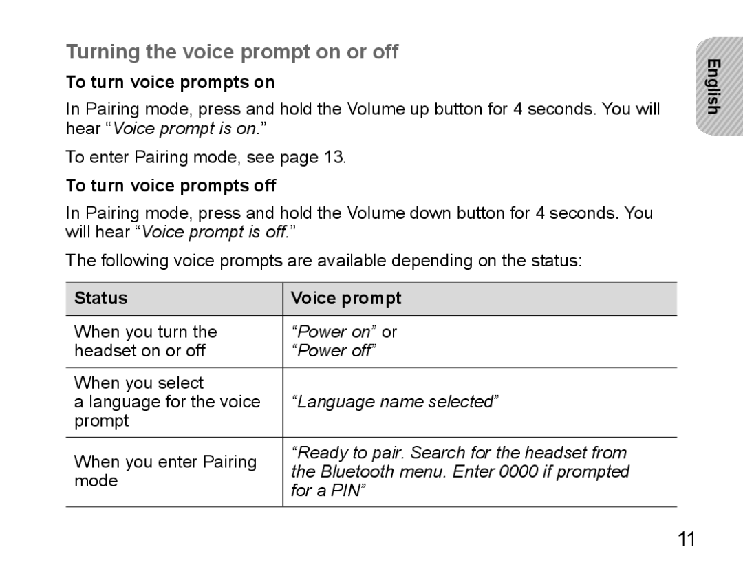 Samsung BHS3000EMECEUR manual Turning the voice prompt on or off, To turn voice prompts on, To turn voice prompts off 