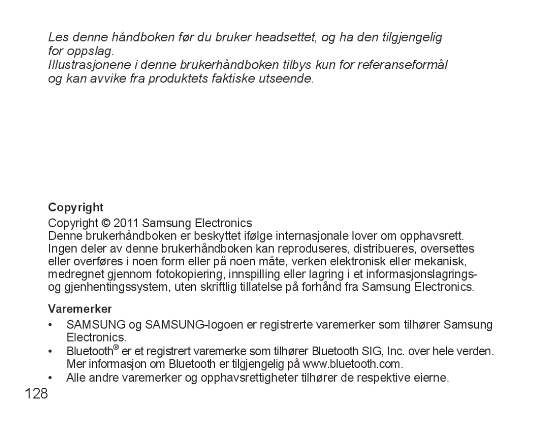 Samsung BHS3000EBECSEB, BHS3000EBECXEF, BHS3000EMECXET, BHS3000EBECXET, BHS3000EPECXET, BHS3000EBLCFOP manual 128, Varemerker 