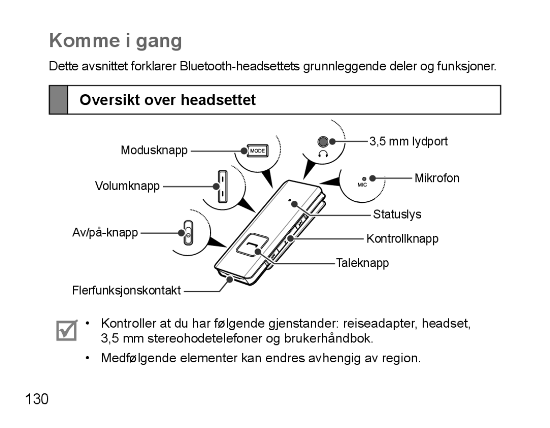 Samsung BHS3000EMECEUR, BHS3000EBECXEF, BHS3000EMECXET, BHS3000EBECXET manual Komme i gang, Oversikt over headsettet, 130 