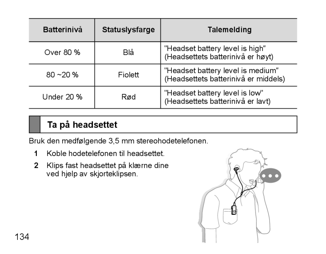 Samsung BHS3000EBECXEF, BHS3000EMECXET, BHS3000EBECXET manual Ta på headsettet, 134, Batterinivå Statuslysfarge Talemelding 