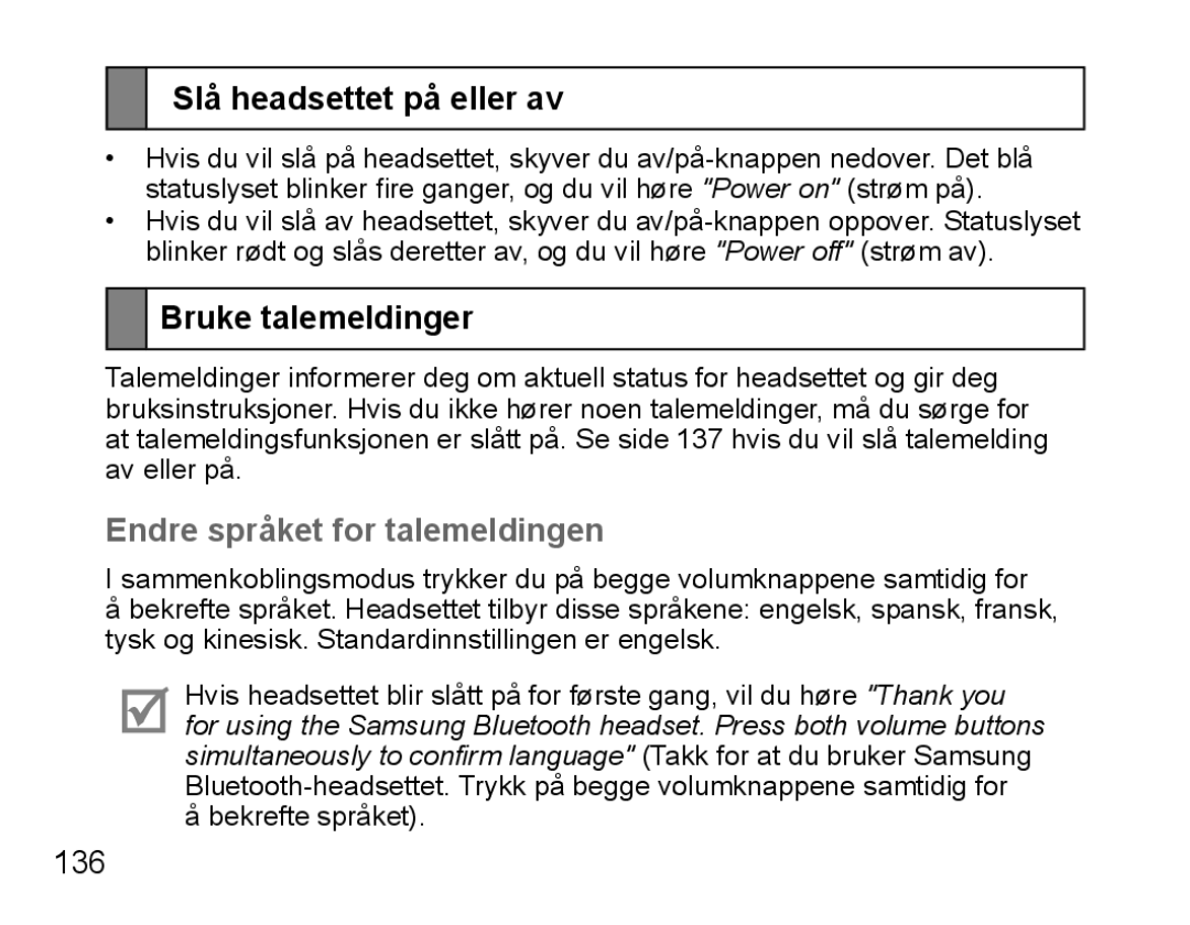 Samsung BHS3000EBECXET manual Slå headsettet på eller av, Bruke talemeldinger, Endre språket for talemeldingen, 136 