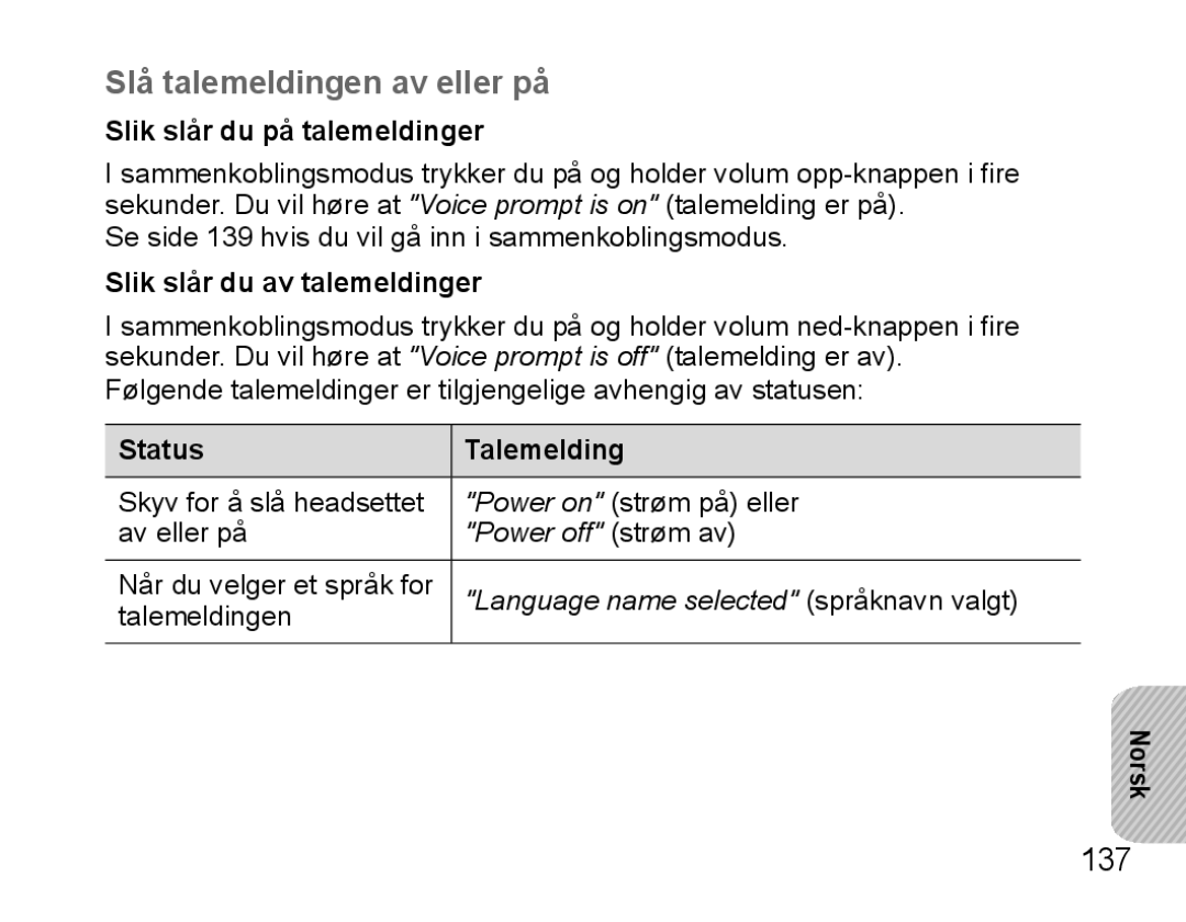 Samsung BHS3000EPECXET Slå talemeldingen av eller på, 137, Slik slår du på talemeldinger, Slik slår du av talemeldinger 