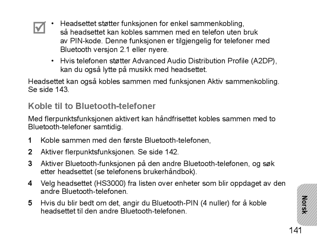 Samsung BHS3000EPECXEH, BHS3000EBECXEF, BHS3000EMECXET, BHS3000EBECXET, BHS3000EPECXET Koble til to Bluetooth-telefoner, 141 