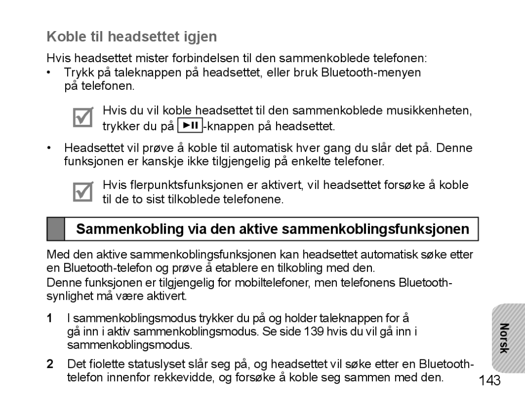 Samsung BHS3000EBECXEH manual Koble til headsettet igjen, Sammenkobling via den aktive sammenkoblingsfunksjonen, 143 