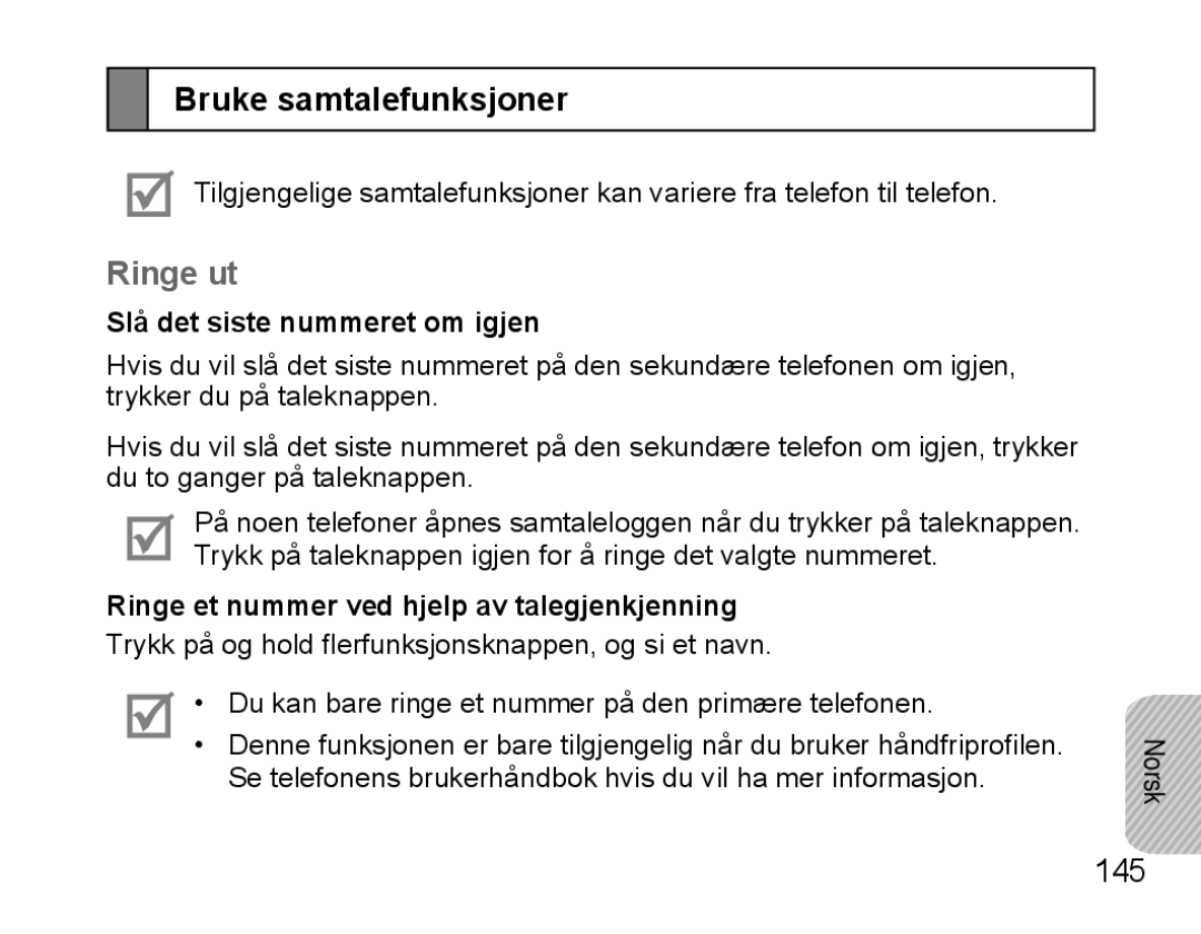 Samsung BHS3000EBECSEB, BHS3000EBECXEF manual Bruke samtalefunksjoner, Ringe ut, 145, Slå det siste nummeret om igjen 