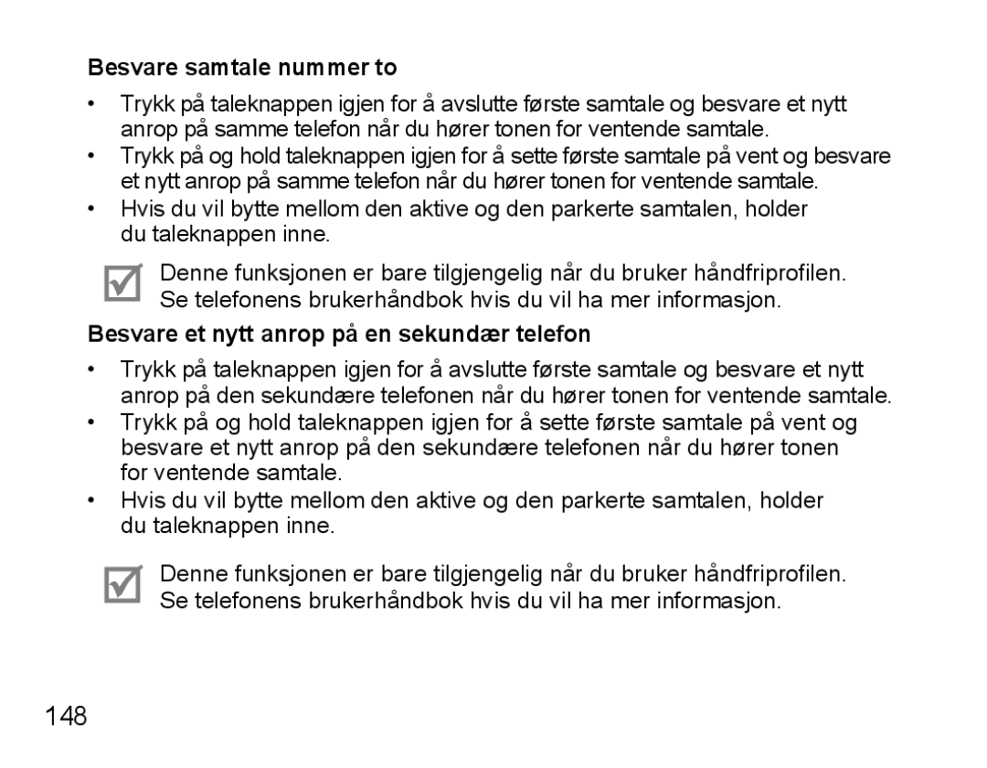 Samsung BHS3000EBECEUR, BHS3000EBECXEF manual 148, Besvare samtale nummer to, Besvare et nytt anrop på en sekundær telefon 