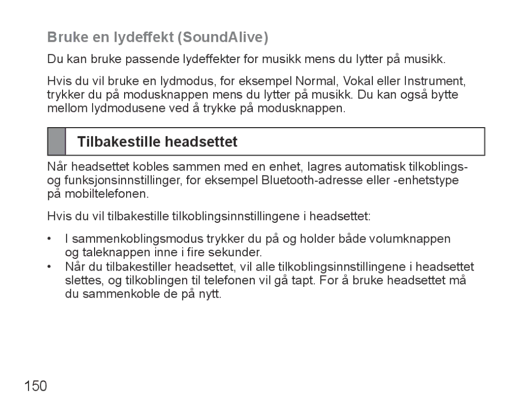 Samsung BHS3000EBRCSER, BHS3000EBECXEF, BHS3000EMECXET manual Bruke en lydeffekt SoundAlive, Tilbakestille headsettet, 150 