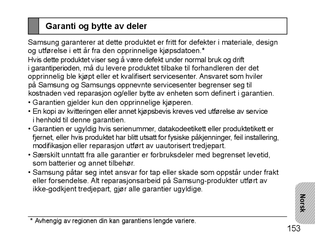 Samsung BHS3000EBECXET, BHS3000EBECXEF, BHS3000EMECXET, BHS3000EPECXET, BHS3000EBLCFOP manual Garanti og bytte av deler, 153 