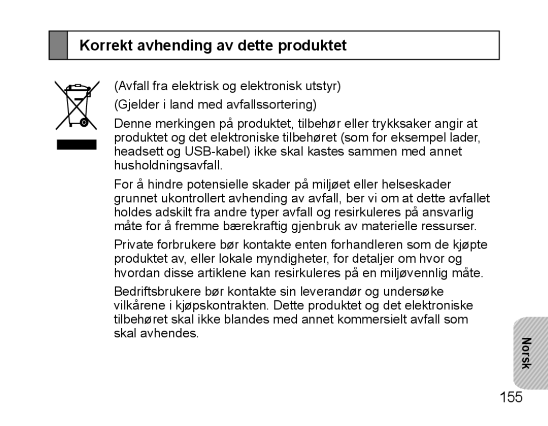 Samsung BHS3000EBLCFOP, BHS3000EBECXEF, BHS3000EMECXET, BHS3000EBECXET manual Korrekt avhending av dette produktet, 155 