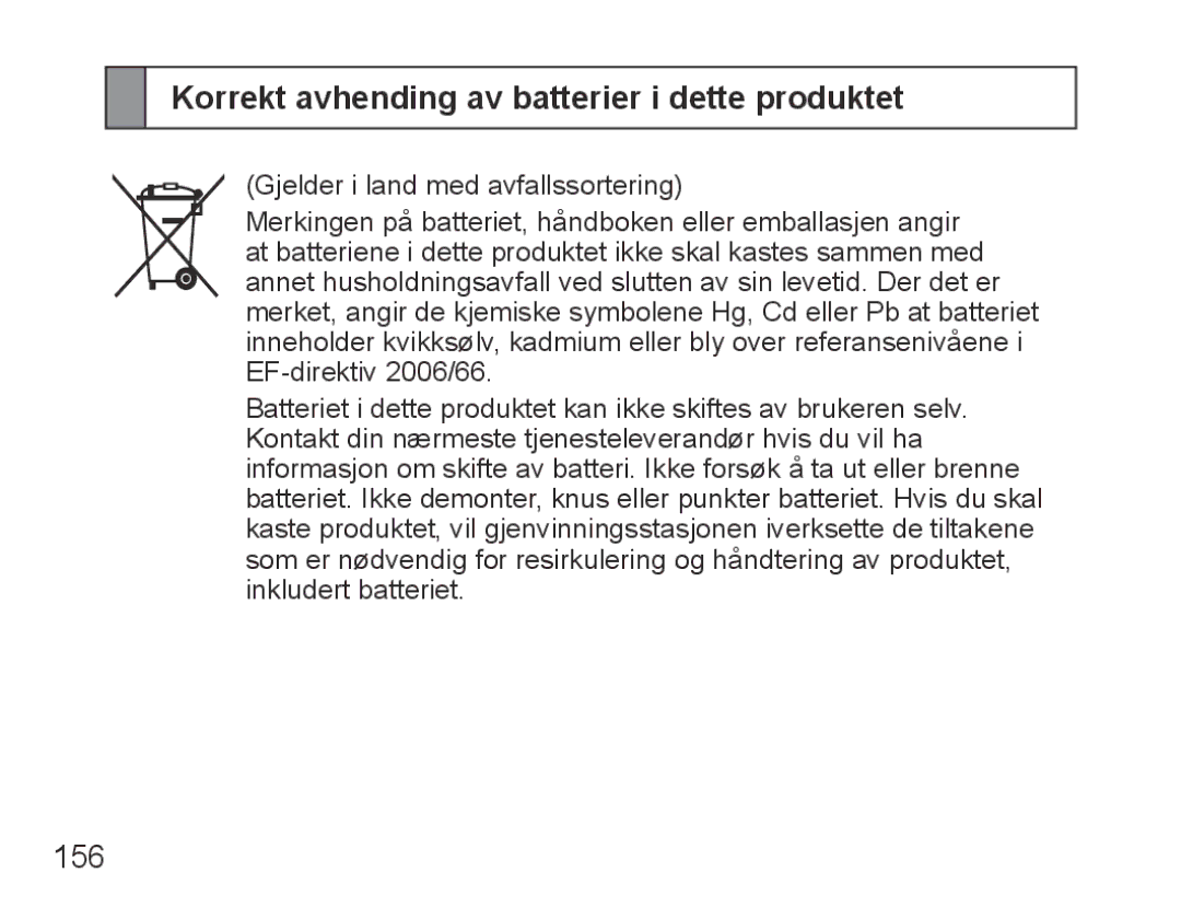 Samsung BHS3000EBECFOP, BHS3000EBECXEF, BHS3000EMECXET, BHS3000EBECXET Korrekt avhending av batterier i dette produktet, 156 