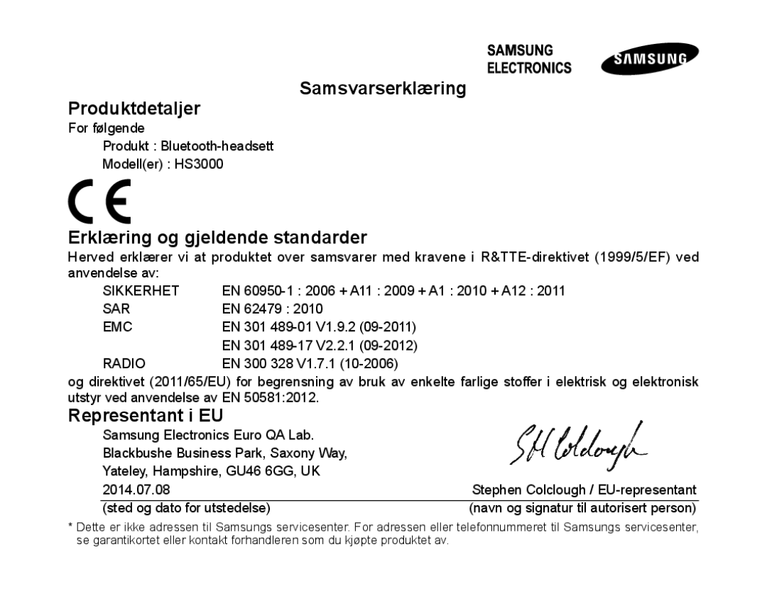 Samsung BHS3000EMLCFOP manual Samsvarserklæring Produktdetaljer, Erklæring og gjeldende standarder, Representant i EU 