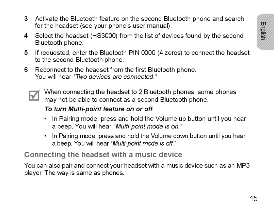 Samsung BHS3000EBECXEF, BHS3000EMECXET Connecting the headset with a music device, You will hear Two devices are connected 