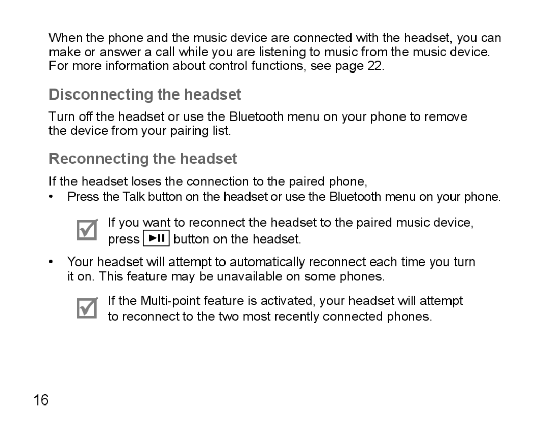 Samsung BHS3000EMECXET, BHS3000EBECXEF, BHS3000EBECXET, BHS3000EPECXET Disconnecting the headset, Reconnecting the headset 