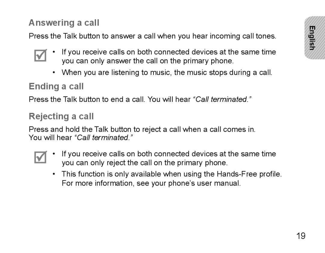 Samsung BHS3000EBLCFOP, BHS3000EBECXEF, BHS3000EMECXET, BHS3000EBECXET Answering a call, Ending a call, Rejecting a call 