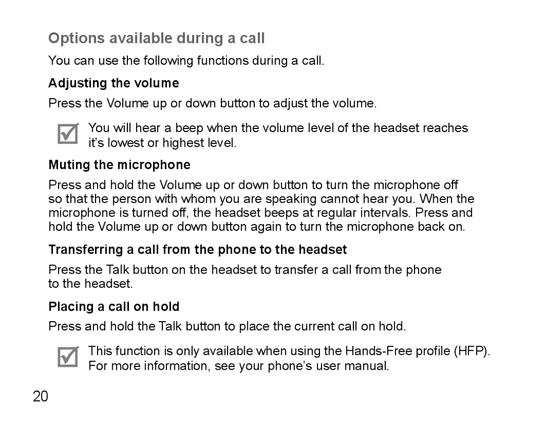 Samsung BHS3000EBECFOP, BHS3000EBECXEF manual Options available during a call, Adjusting the volume, Muting the microphone 