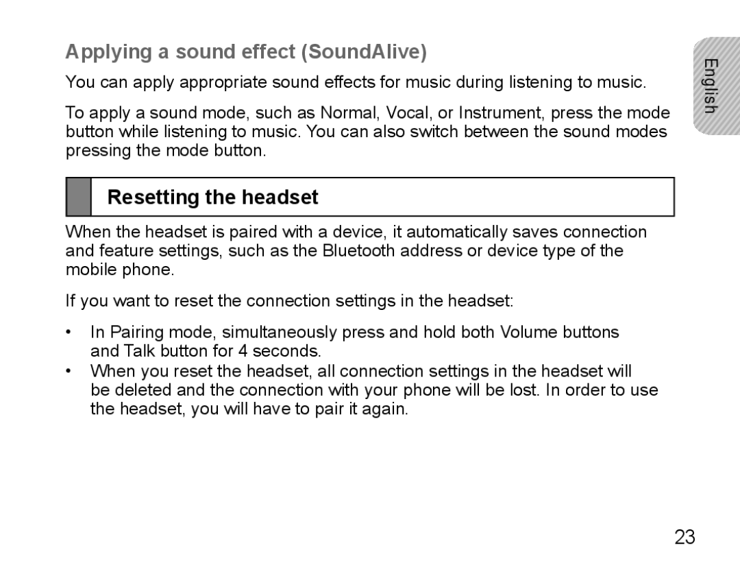 Samsung BHS3000EMECXEH, BHS3000EBECXEF, BHS3000EMECXET manual Applying a sound effect SoundAlive, Resetting the headset 