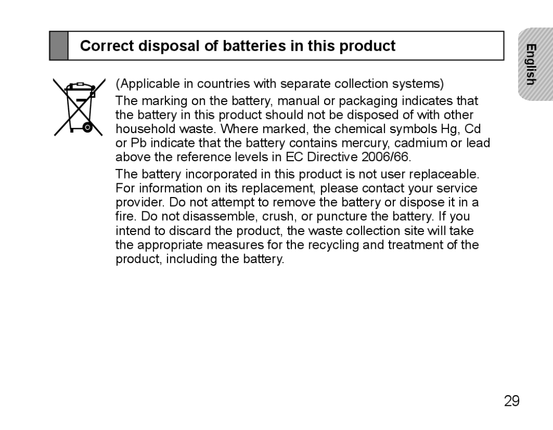 Samsung BHS3000EBECEUR, BHS3000EBECXEF, BHS3000EMECXET, BHS3000EBECXET manual Correct disposal of batteries in this product 