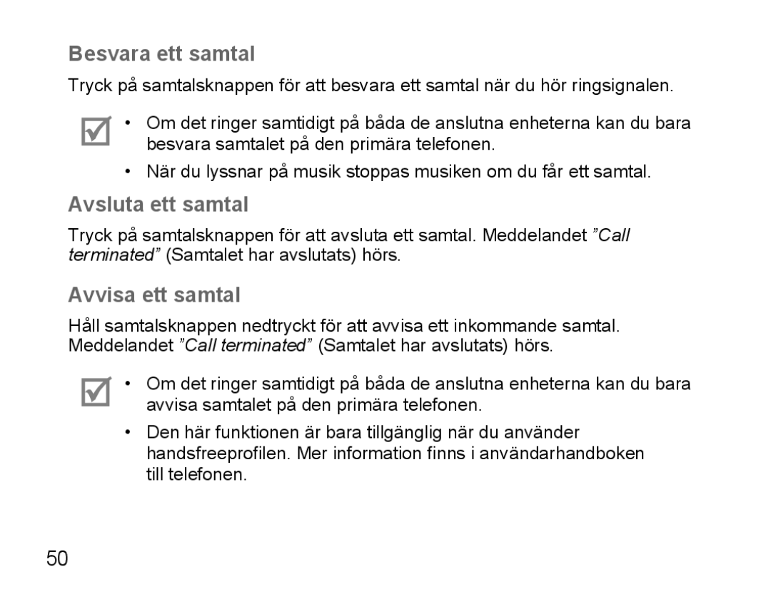 Samsung BHS3000EMECXET, BHS3000EBECXEF, BHS3000EBECXET manual Besvara ett samtal, Avsluta ett samtal, Avvisa ett samtal 