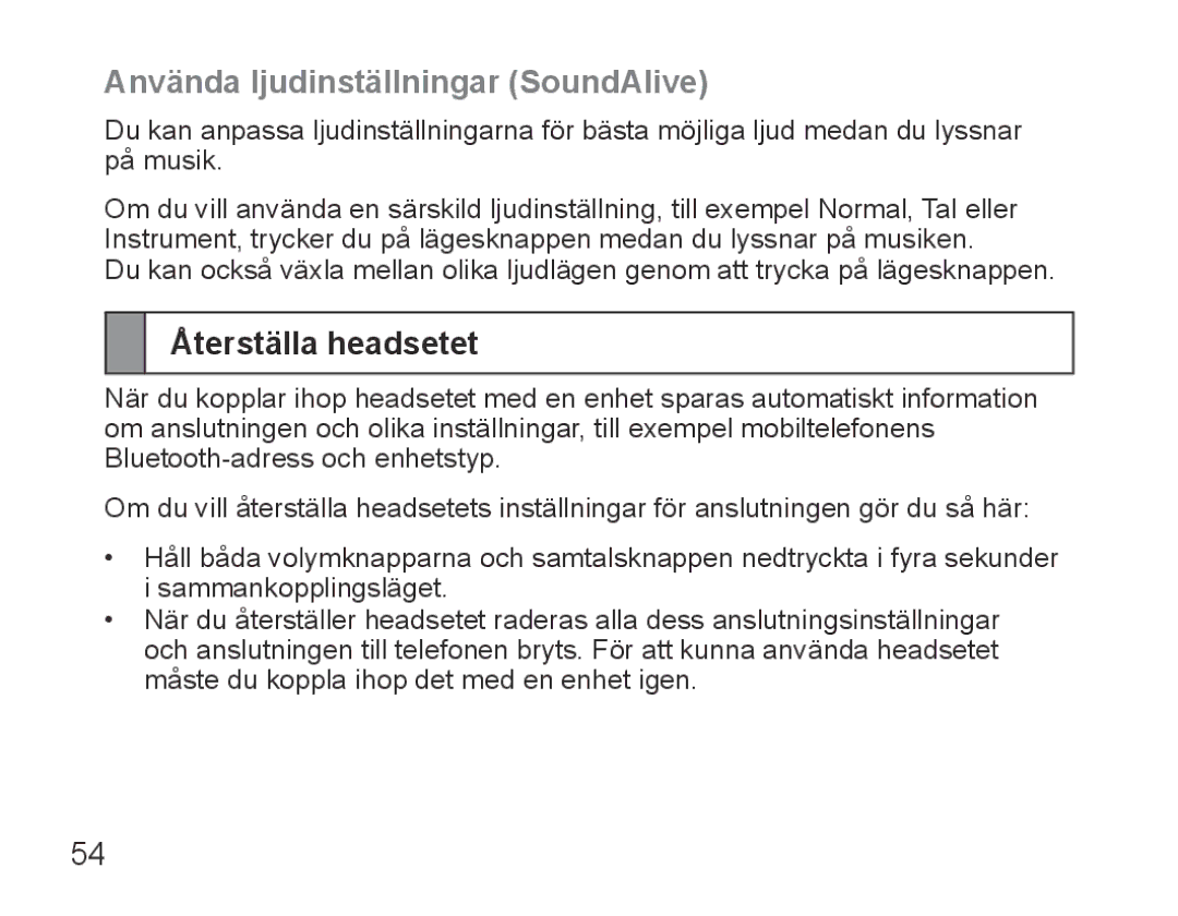 Samsung BHS3000EBECFOP, BHS3000EBECXEF, BHS3000EMECXET manual Använda ljudinställningar SoundAlive, Återställa headsetet 