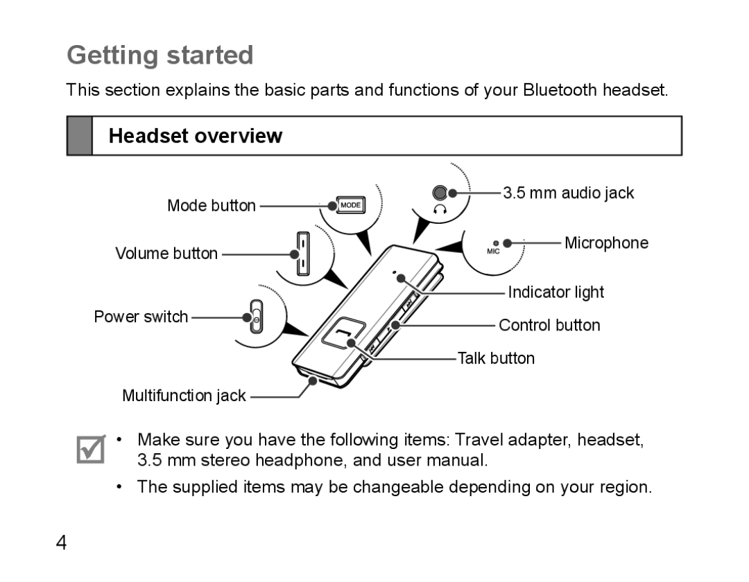 Samsung BHS3000EMLCFOP, BHS3000EBECXEF, BHS3000EMECXET, BHS3000EBECXET, BHS3000EPECXET manual Getting started, Headset overview 