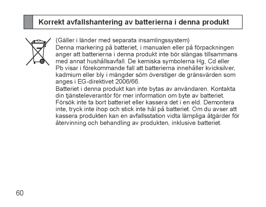 Samsung BHS3000EBECSEB, BHS3000EBECXEF, BHS3000EMECXET manual Korrekt avfallshantering av batterierna i denna produkt 