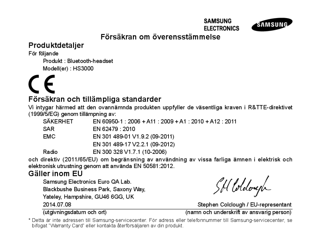 Samsung BHS3000EPECEUR Försäkran om överensstämmelse Produktdetaljer, Försäkran och tillämpliga standarder, Gäller inom EU 