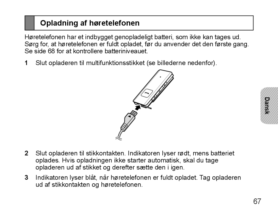 Samsung BHS3000EMECXET, BHS3000EBECXEF, BHS3000EBECXET, BHS3000EPECXET, BHS3000EBLCFOP manual Opladning af høretelefonen 