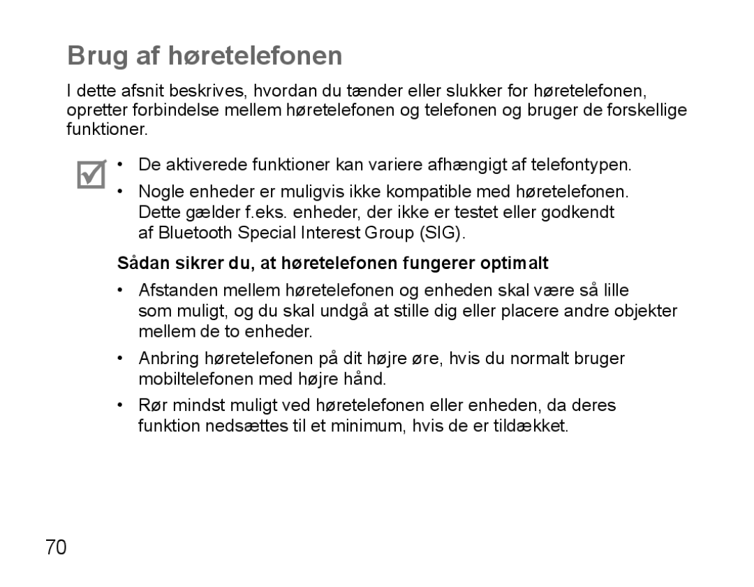 Samsung BHS3000EBLCFOP, BHS3000EBECXEF manual Brug af høretelefonen, Sådan sikrer du, at høretelefonen fungerer optimalt 