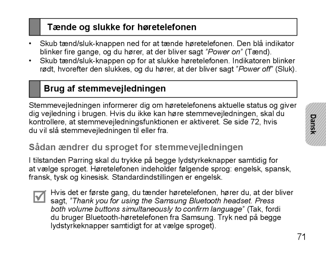 Samsung BHS3000EBECFOP, BHS3000EBECXEF, BHS3000EMECXET manual Tænde og slukke for høretelefonen, Brug af stemmevejledningen 