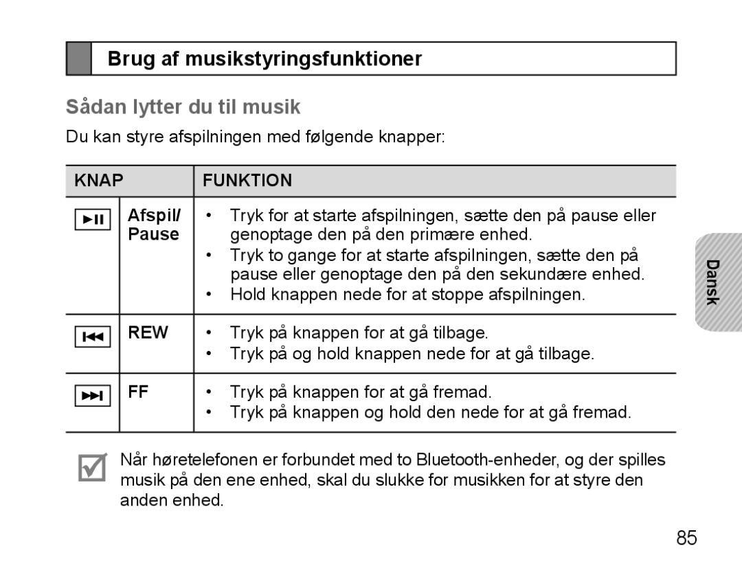 Samsung BHS3000EBECXET, BHS3000EBECXEF, BHS3000EMECXET Brug af musikstyringsfunktioner, Sådan lytter du til musik, Afspil 