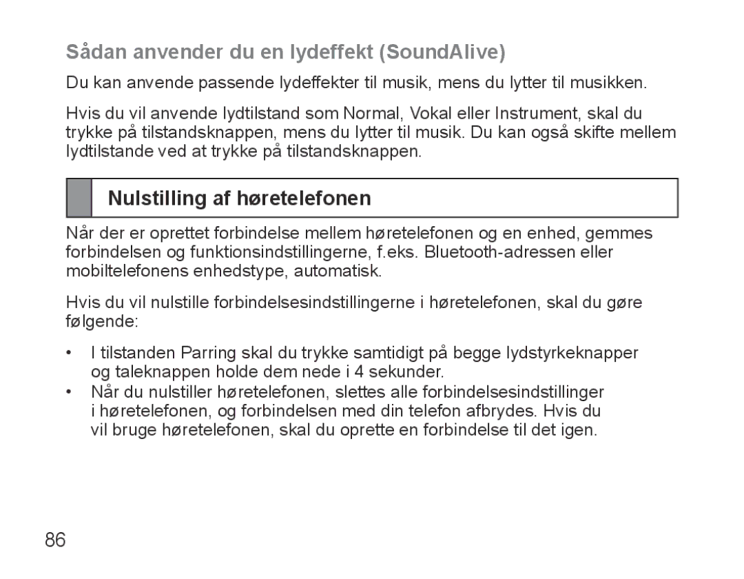 Samsung BHS3000EPECXET, BHS3000EBECXEF manual Sådan anvender du en lydeffekt SoundAlive, Nulstilling af høretelefonen 