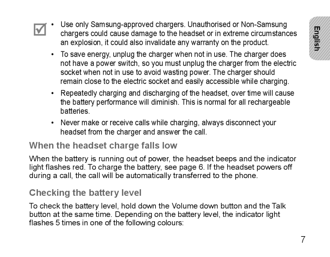 Samsung BHS3000EBECXEH, BHS3000EBECXEF, BHS3000EMECXET manual When the headset charge falls low, Checking the battery level 