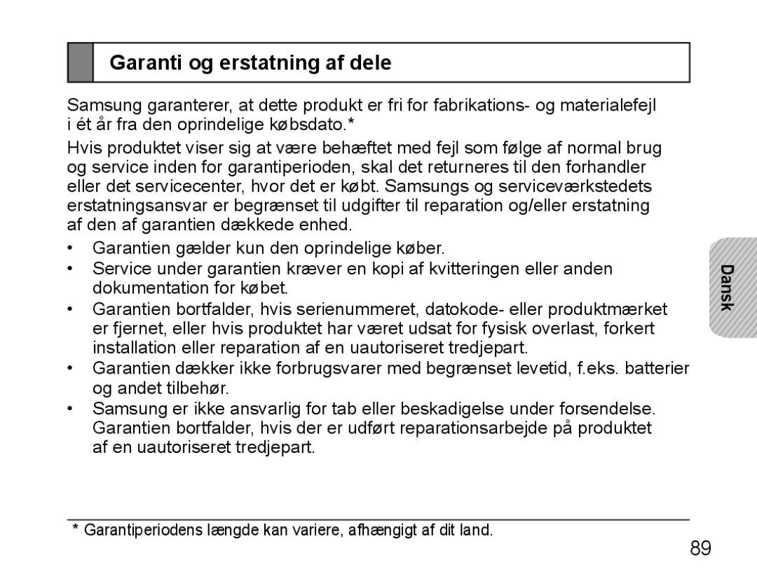 Samsung BHS3000EMLCFOP, BHS3000EBECXEF, BHS3000EMECXET, BHS3000EBECXET, BHS3000EPECXET manual Garanti og erstatning af dele 