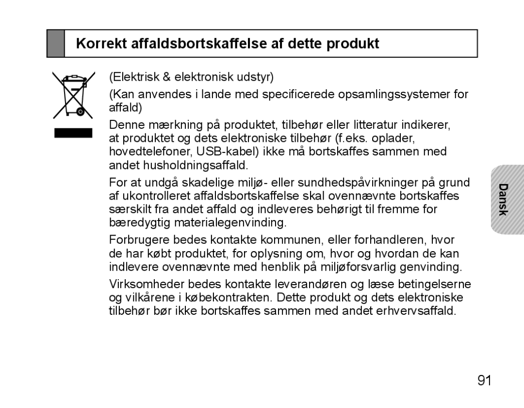 Samsung BHS3000EMECXEH, BHS3000EBECXEF, BHS3000EMECXET, BHS3000EBECXET manual Korrekt affaldsbortskaffelse af dette produkt 