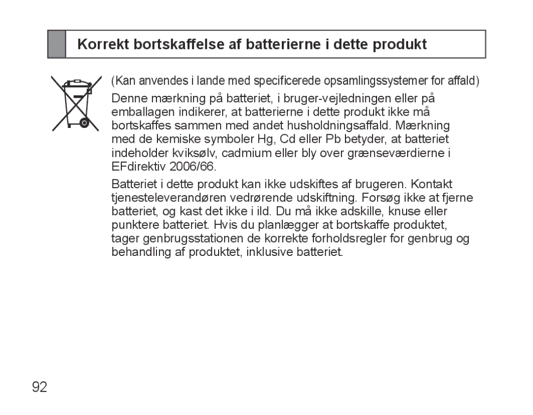 Samsung BHS3000EBECXEH, BHS3000EBECXEF, BHS3000EMECXET, BHS3000EBECXET Korrekt bortskaffelse af batterierne i dette produkt 