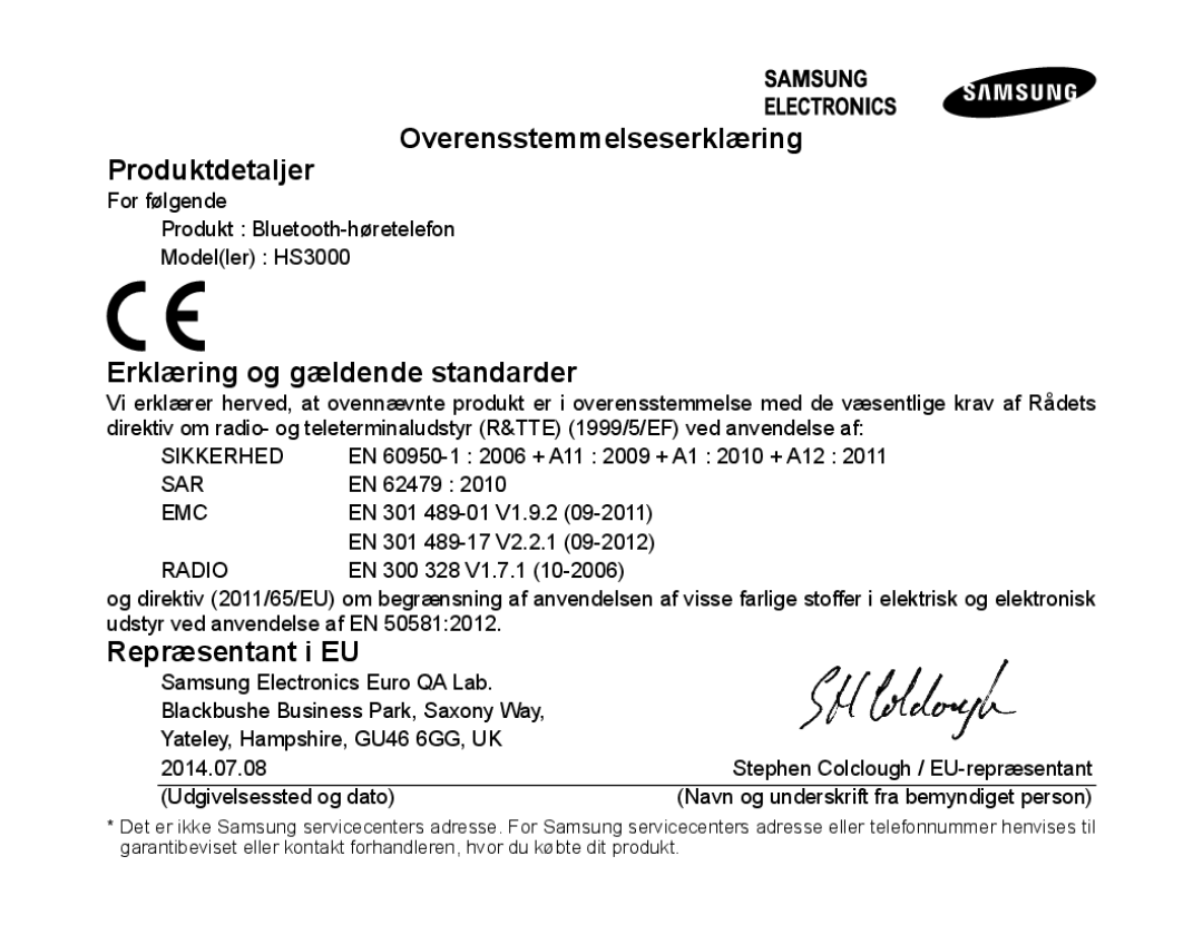 Samsung BHS3000EBECXEE Overensstemmelseserklæring Produktdetaljer, Erklæring og gældende standarder, Repræsentant i EU 