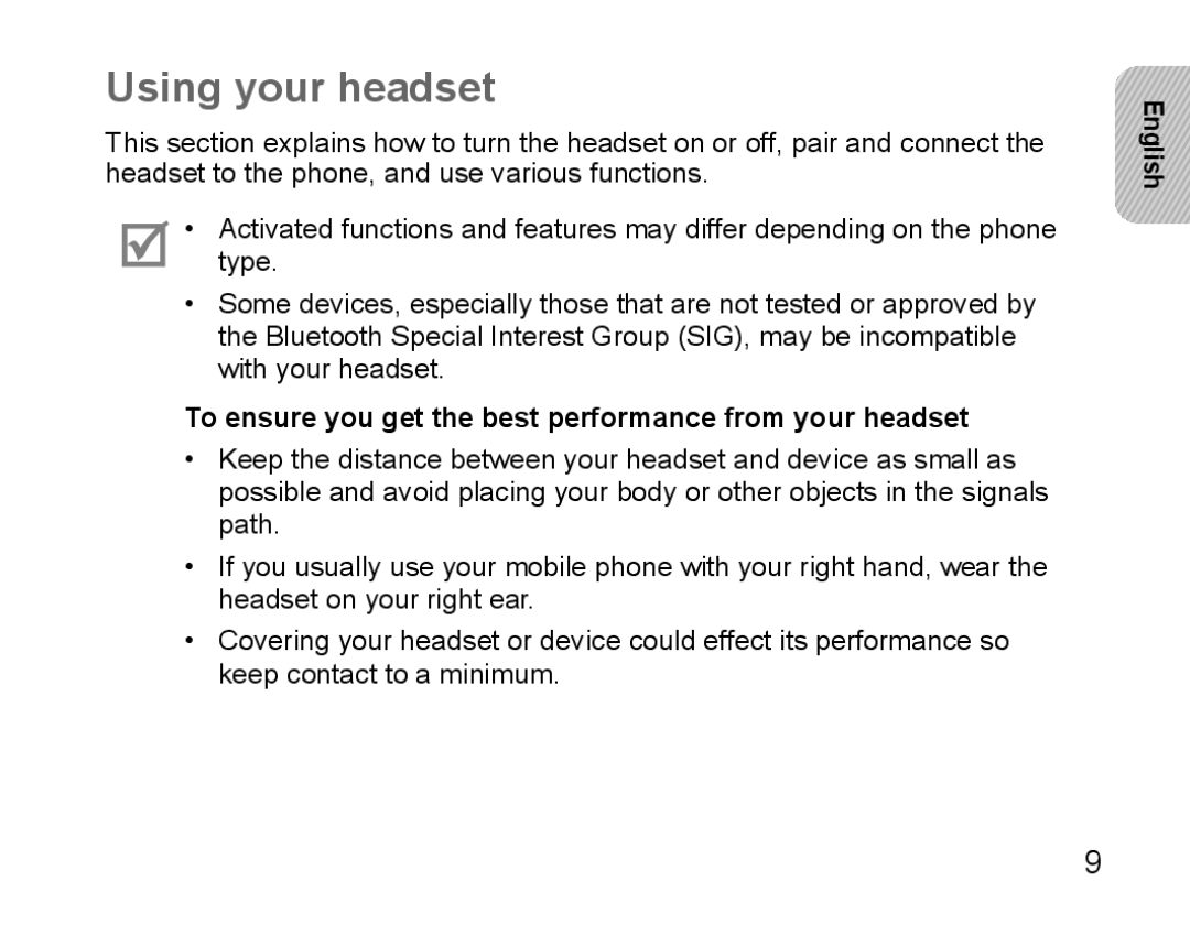 Samsung BHS3000EBECSEB, BHS3000EBECXEF manual Using your headset, To ensure you get the best performance from your headset 