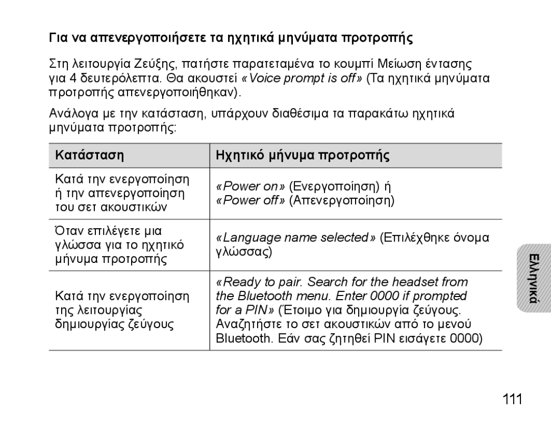 Samsung BHS3000EBECSEB 111, Για να απενεργοποιήσετε τα ηχητικά μηνύματα προτροπής, Κατάσταση Ηχητικό μήνυμα προτροπής 