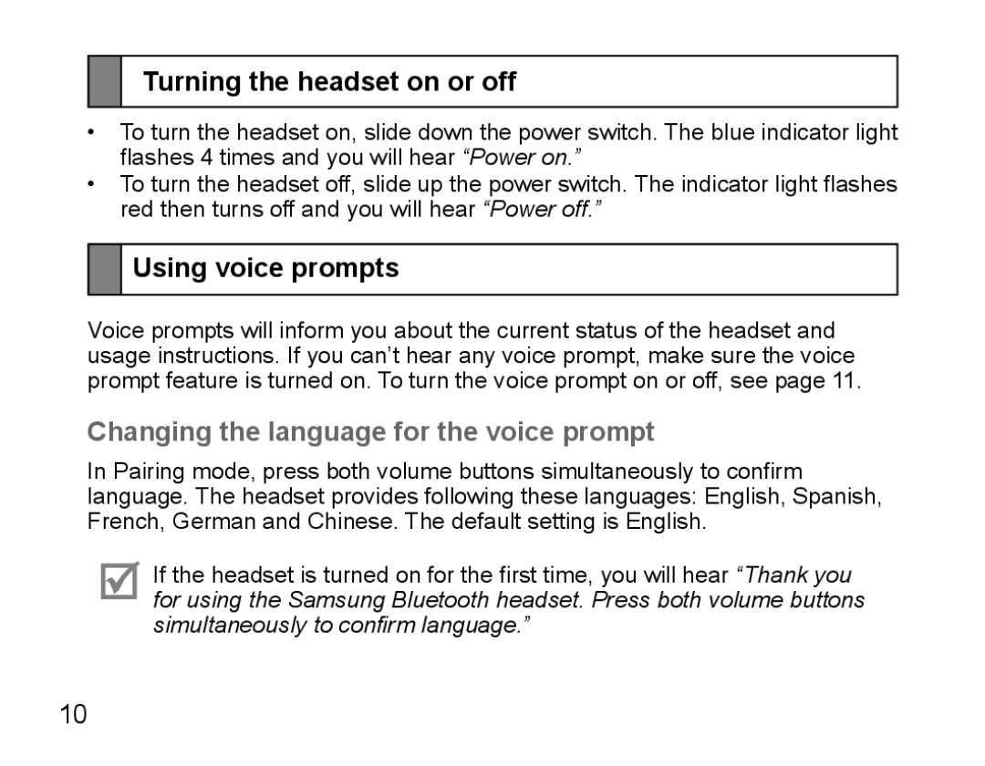 Samsung BHS3000EPECEUR Turning the headset on or off, Using voice prompts, Changing the language for the voice prompt 